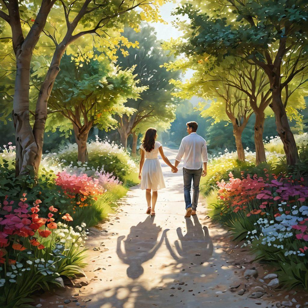 A serene setting depicting a couple walking hand-in-hand along a scenic path, surrounded by blooming flowers and soft sunlight filtering through the trees. Include subtle elements of connection like intertwined hearts or glowing orbs that represent love and passion in the air. The background should evoke tranquility and warmth, inviting viewers to reflect on their own romantic journeys. vibrant colors. super-realistic.
