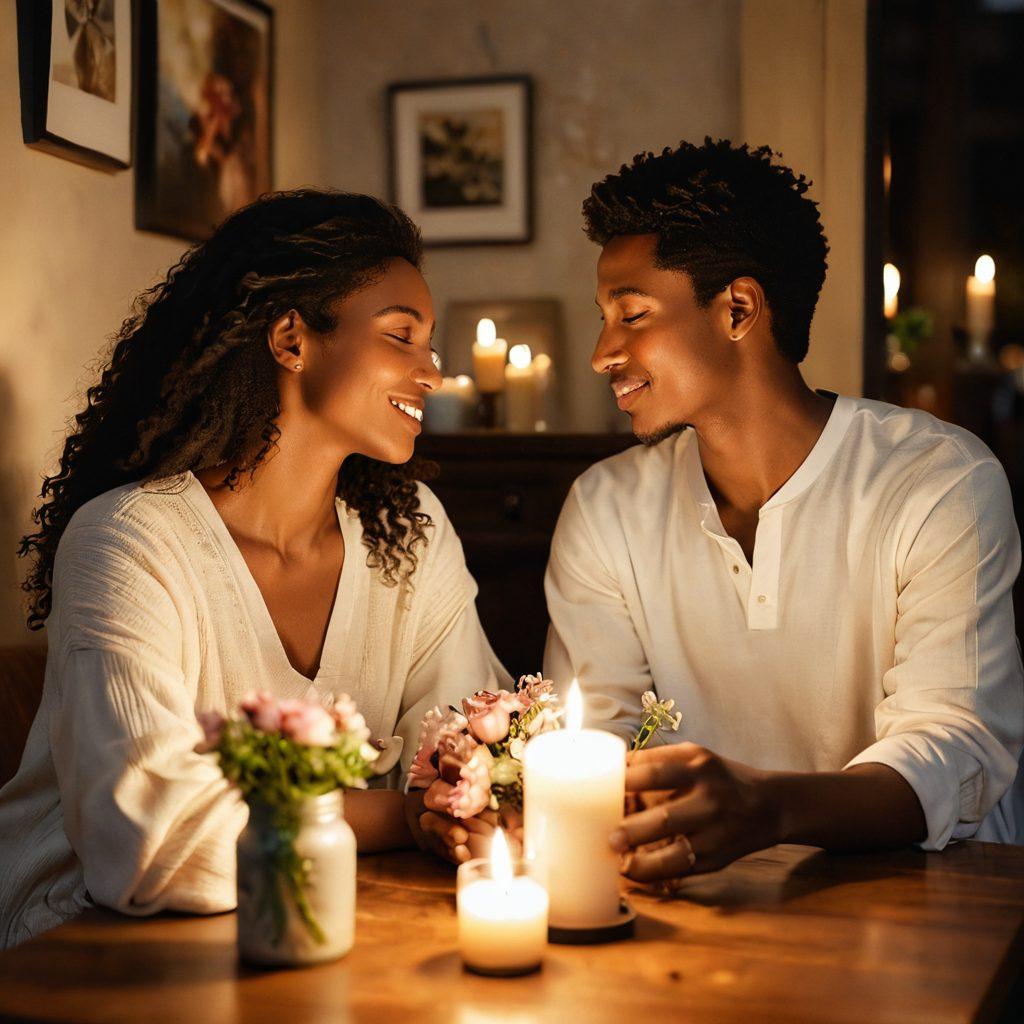 A cozy, intimate setting featuring two people sitting close together, sharing a heartfelt conversation. Soft, warm lighting envelops them, with subtle elements like a flickering candle and a small bouquet of flowers in the background, symbolizing trust and emotional connection. The focus is on their expressive faces and open body language, showcasing deep understanding and compassion. Painting. warm tones. soft focus.