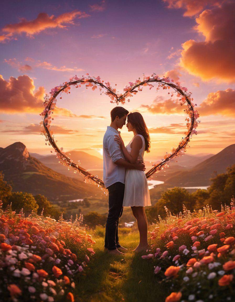 A romantic couple sharing a heartfelt moment under a beautiful sunset, surrounded by soft glowing lights and delicate flowers, capturing the essence of love and connection. Include symbols of meaningful relationships like intertwined hands or heart shapes subtly in the background. The atmosphere should evoke warmth and intimacy. super-realistic. vibrant colors. soft focus.